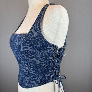 Altar’d State Denim Floral Corset Top XL Y2K Lace Up Sides Zip Back Woven Rose